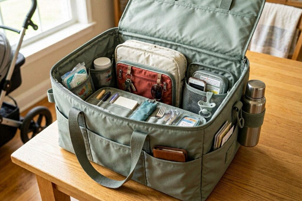 Organized mom tote bag showing pouches and compartments for tote bag essentials