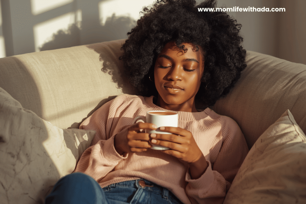 tired mom sitting on a couch with a warm cup of tea, looking peaceful and relaxed — cozy self-care ideas for moms