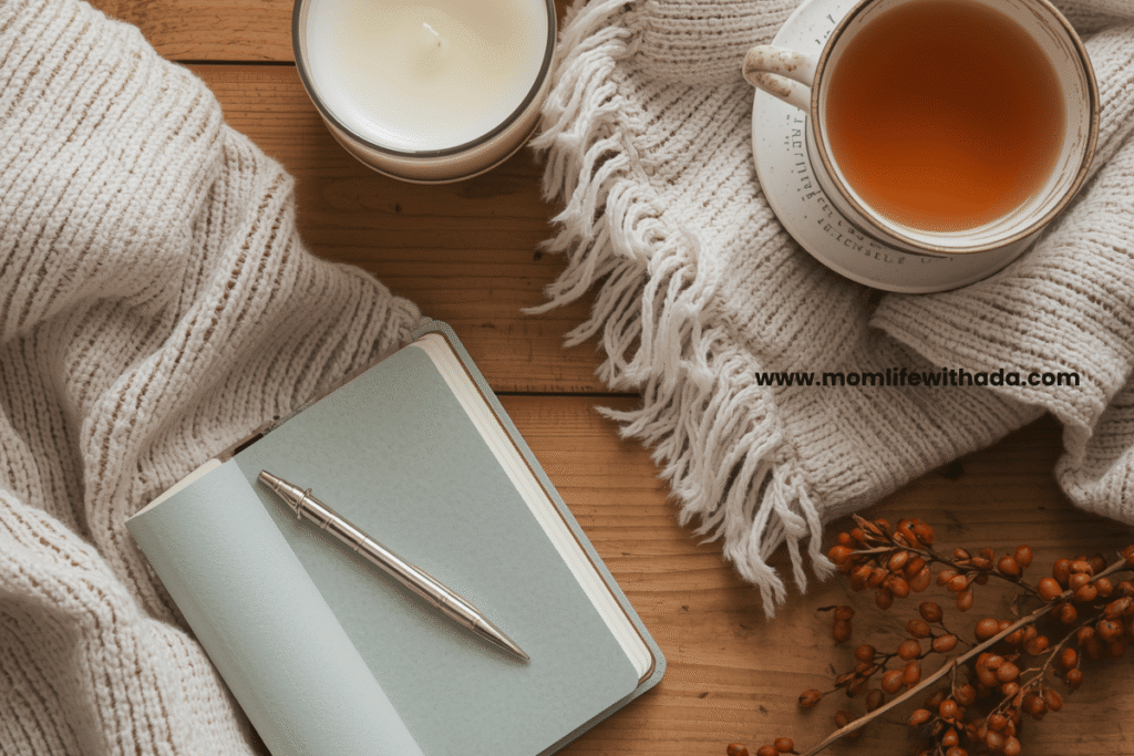cozy self-care ideas flatlay with candle, journal, herbal tea, and soft blanket on a wooden table