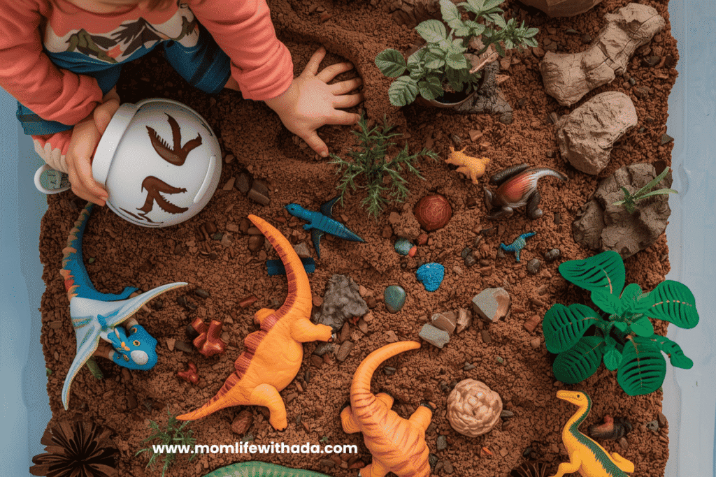 Dinosaur-themed sensory bin ideas for toddlers that encourage imaginative play and hands-on learning.