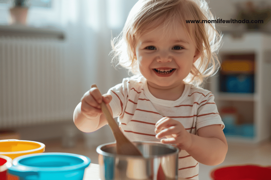 pretend play toddler play ideas - toddler playing with toy kitchen and pots