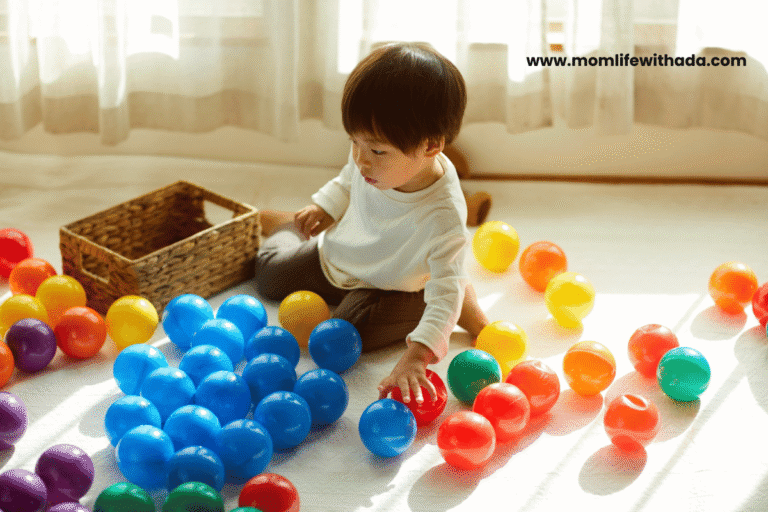 Toddler indoor activities of a baby sorting ball colors