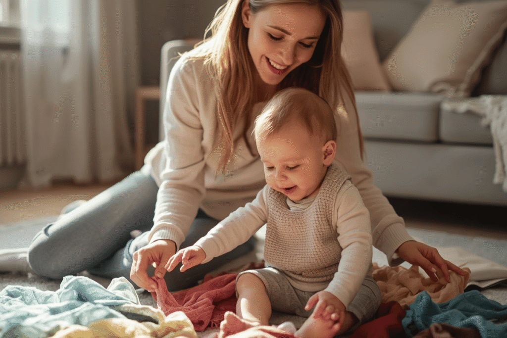 sensory play activities for babies — mom and baby playing with colorful fabric on the floor