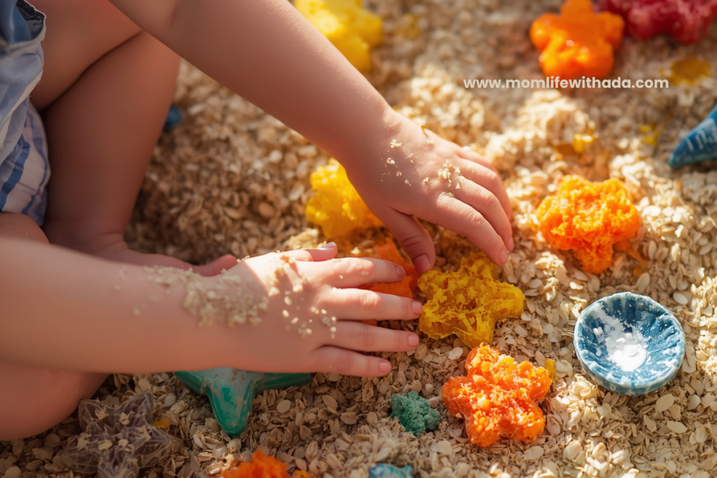 edible sensory play baby oatmeal sensory bin