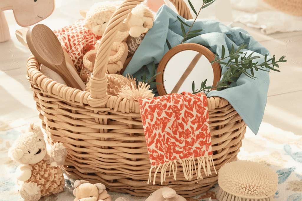sensory play activities for babies — treasure basket with natural objects like a wooden spoon, fabric, and a mirror