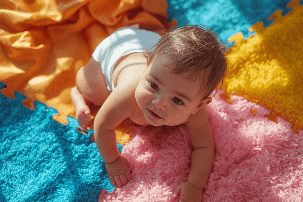 sensory play activities for babies — baby lying on play mat surrounded by different fabric textures