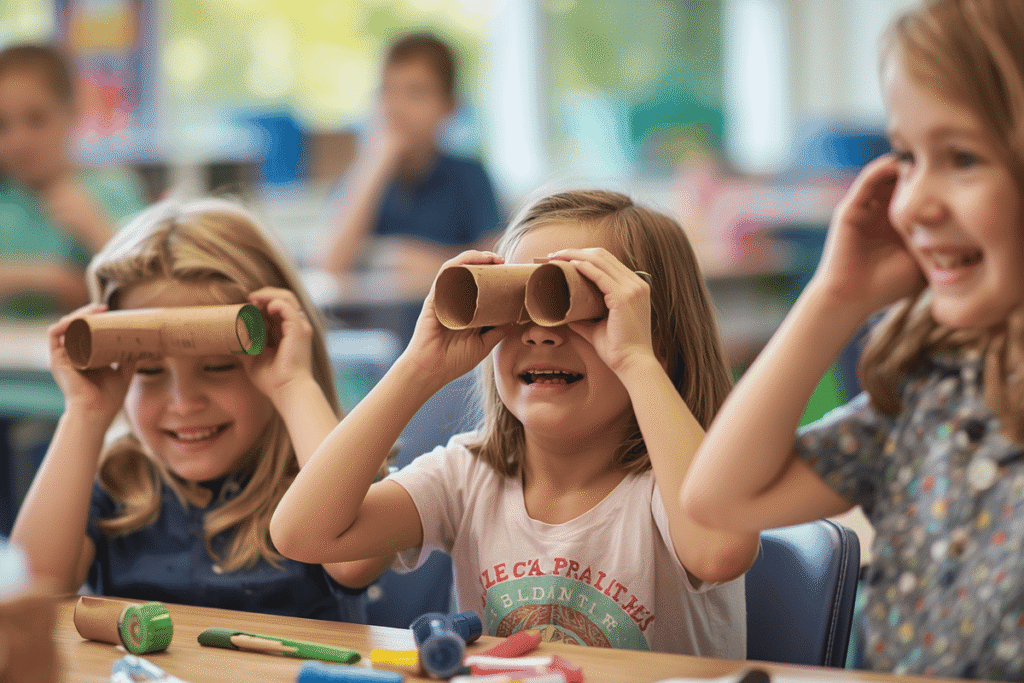 kids making toilet roll binoculars easy DIY crafts for kids using recycled materials"
