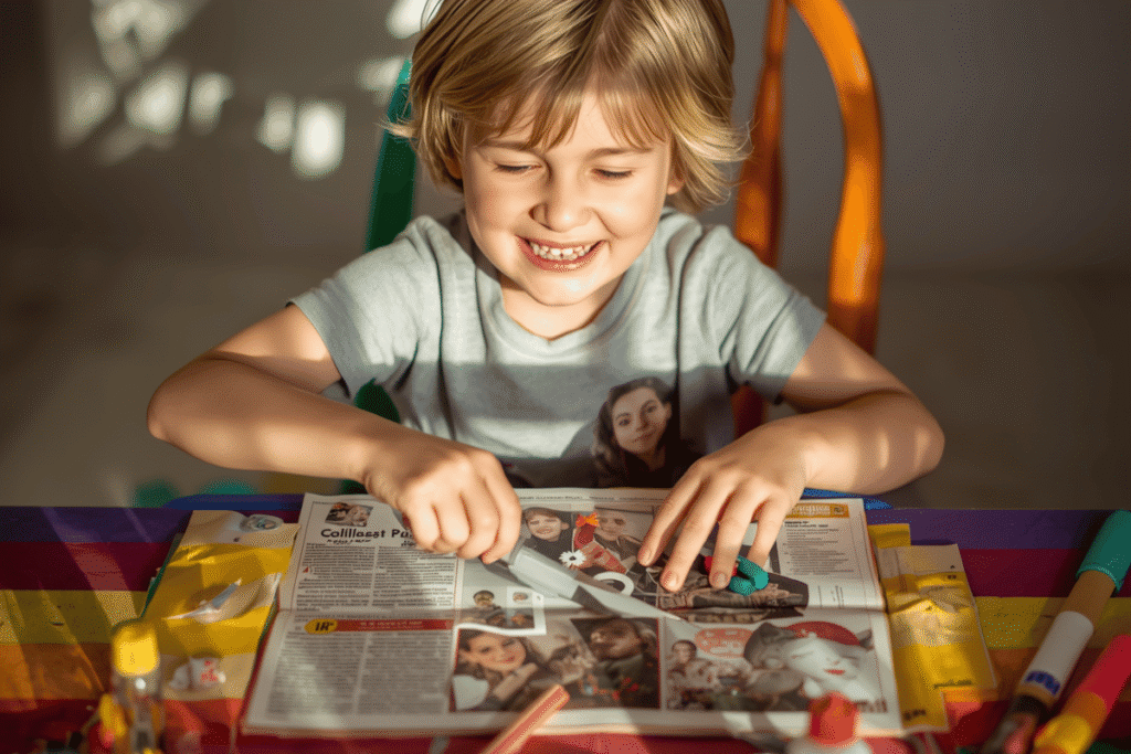 child making magazine collage art easy DIY crafts for kids cutting and gluing pictures