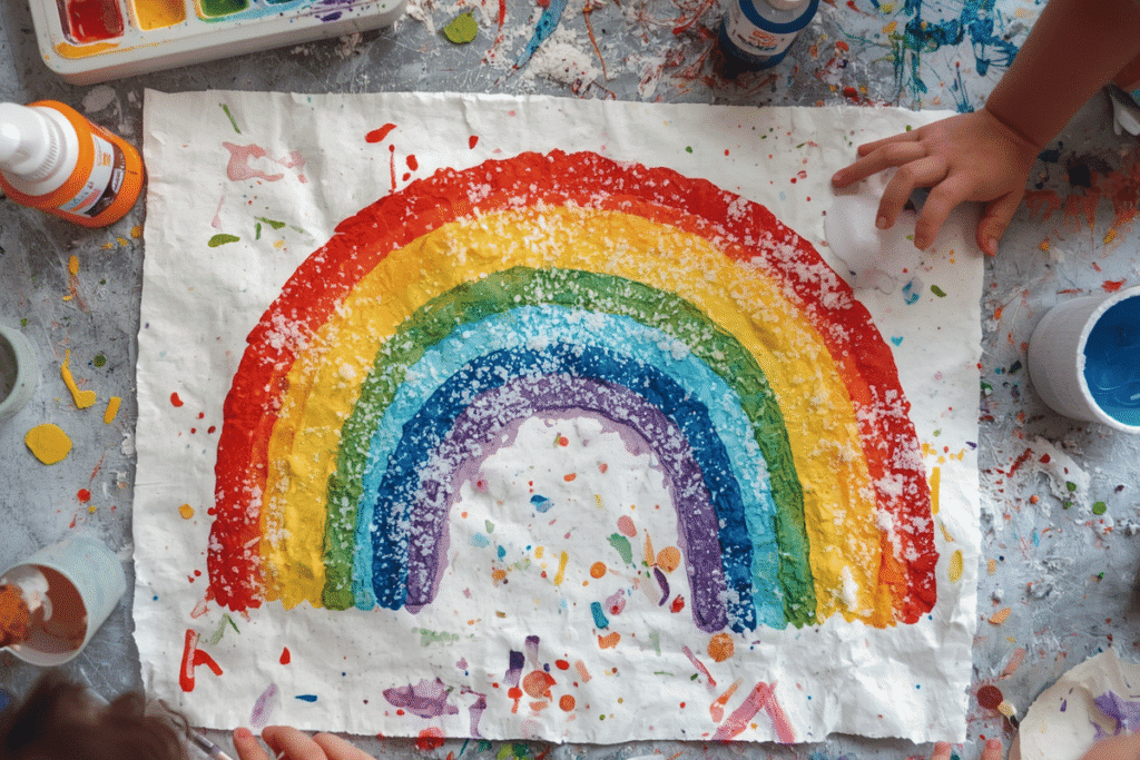 rainbow salt painting art easy DIY crafts for kids with glue watercolor and salt on paper
