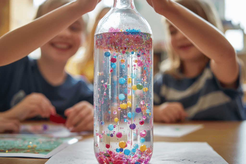 DIY sensory bottle with glitter and beads easy DIY crafts for kids using plastic bottles