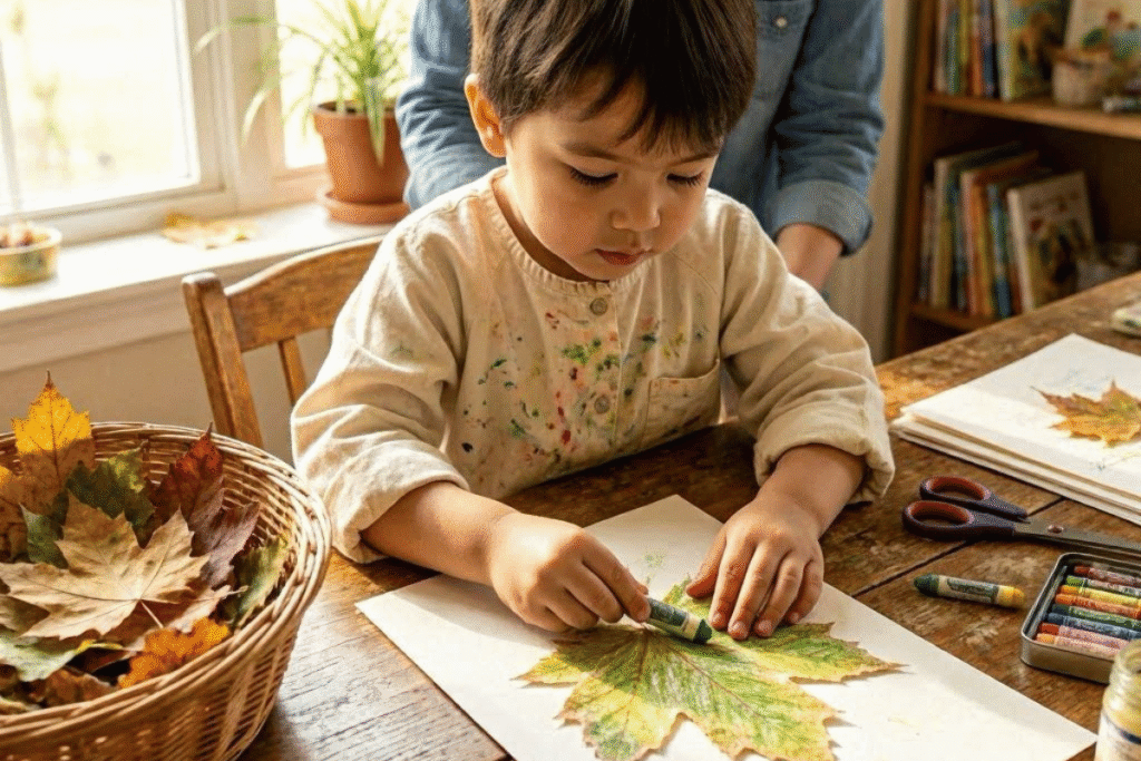 child doing leaf rubbings with crayons easy DIY crafts for kids nature activity