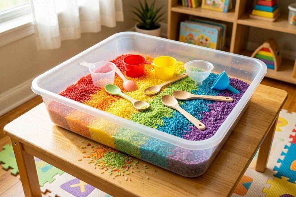 Colorful sensory bin for 2 year olds with rice, scoops and small toys on a wooden table