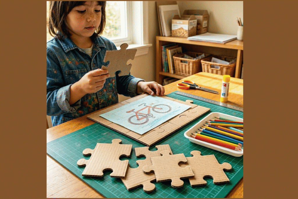 child making a DIY puzzle from their own drawing easy DIY crafts for kids with cardboard