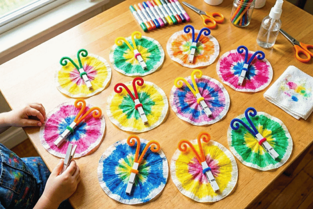 colorful coffee filter butterfly craft easy DIY crafts for kids using markers and water spray
