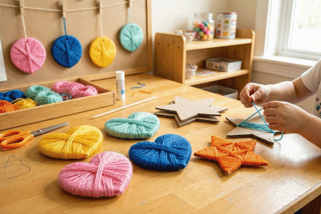 colorful yarn wrapped cardboard shapes easy DIY crafts for kids for fine motor skills
