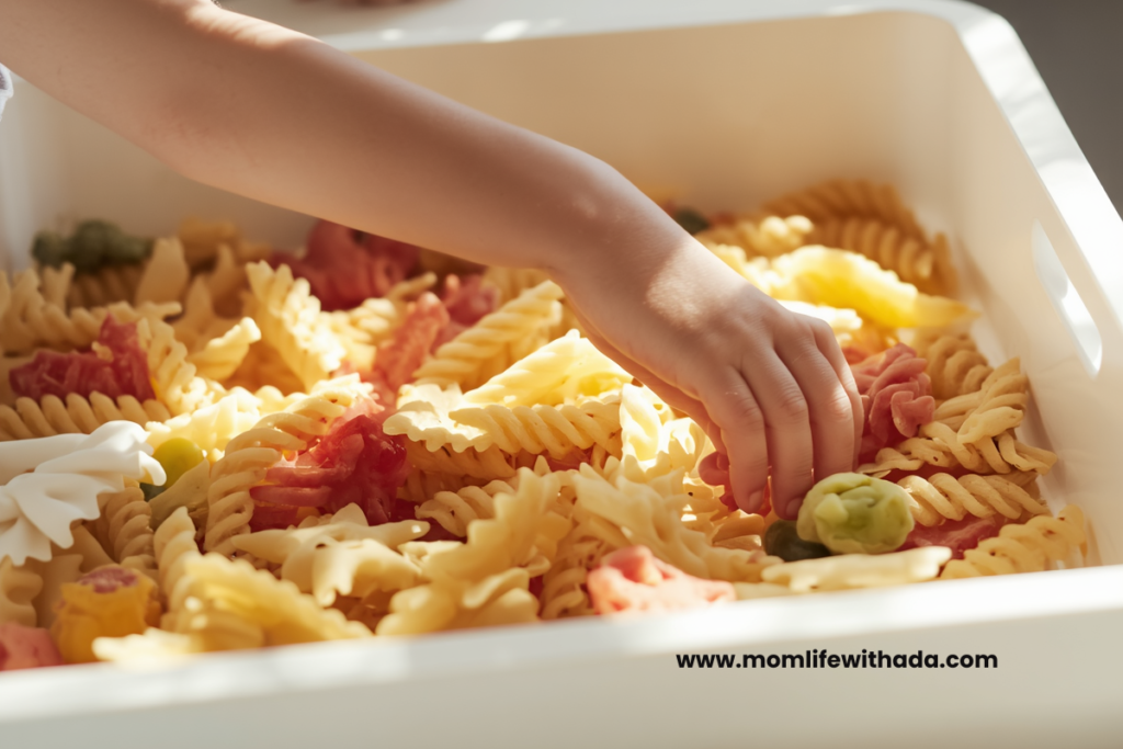 edible sensory play baby pasta sensory tray