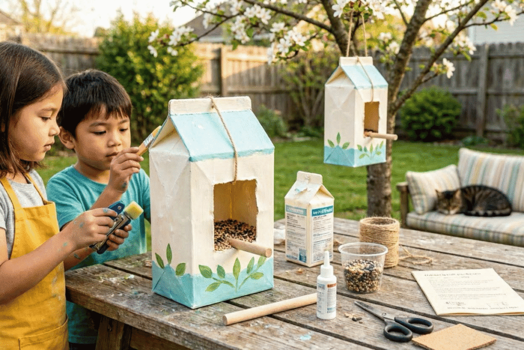 DIY milk carton bird feeder easy DIY crafts for kids using recycled carton and birdseed
