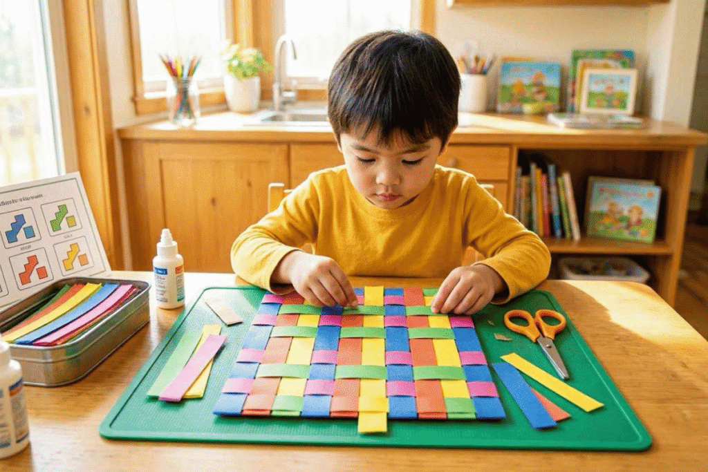 child doing paper weaving craft easy DIY crafts for kids using colorful paper strips