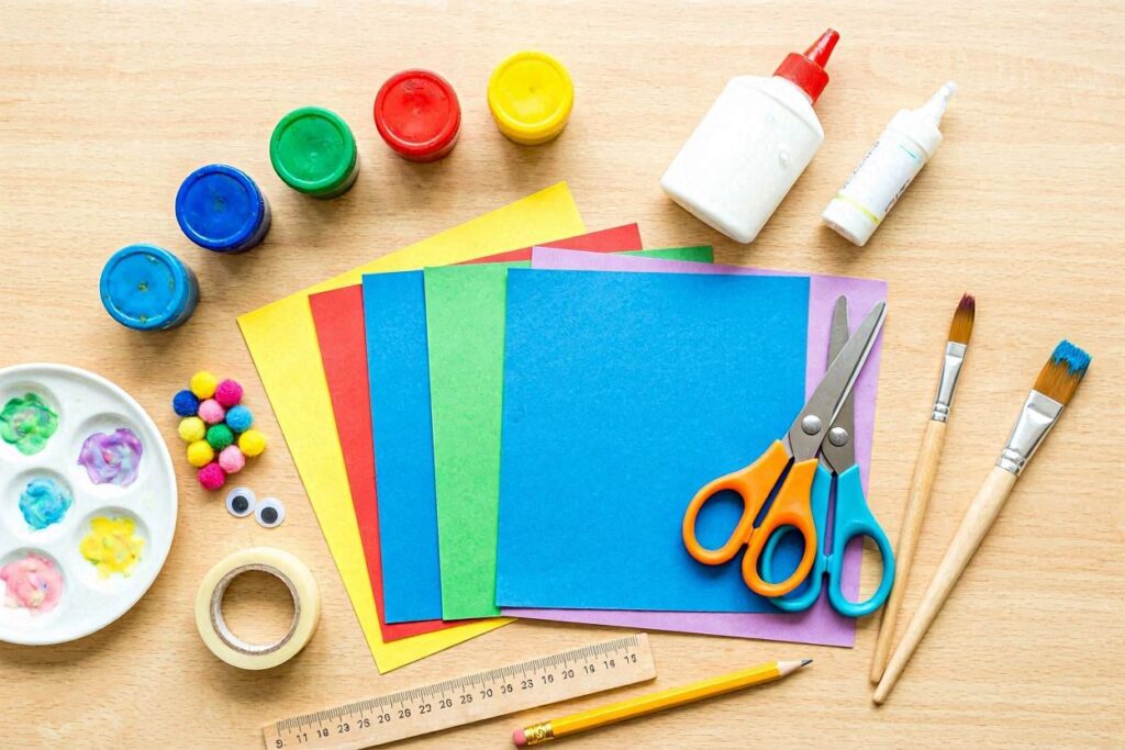 flat lay of basic craft supplies for easy DIY crafts for kids including glue scissors paper and paint
