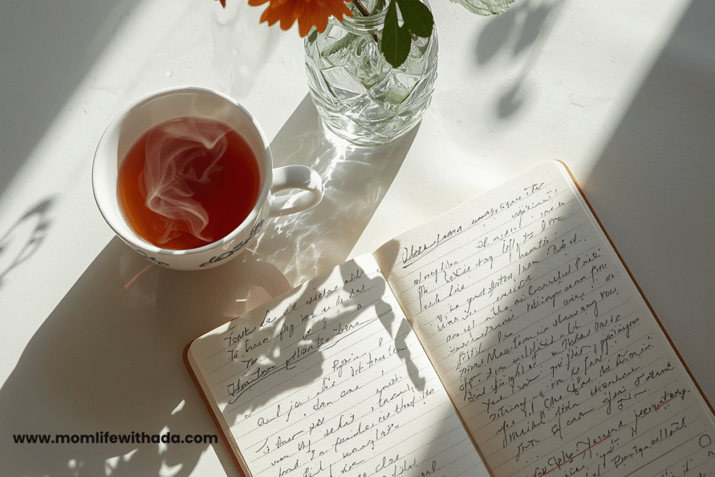 morning routine aesthetic for moms with tea and journal on a white table