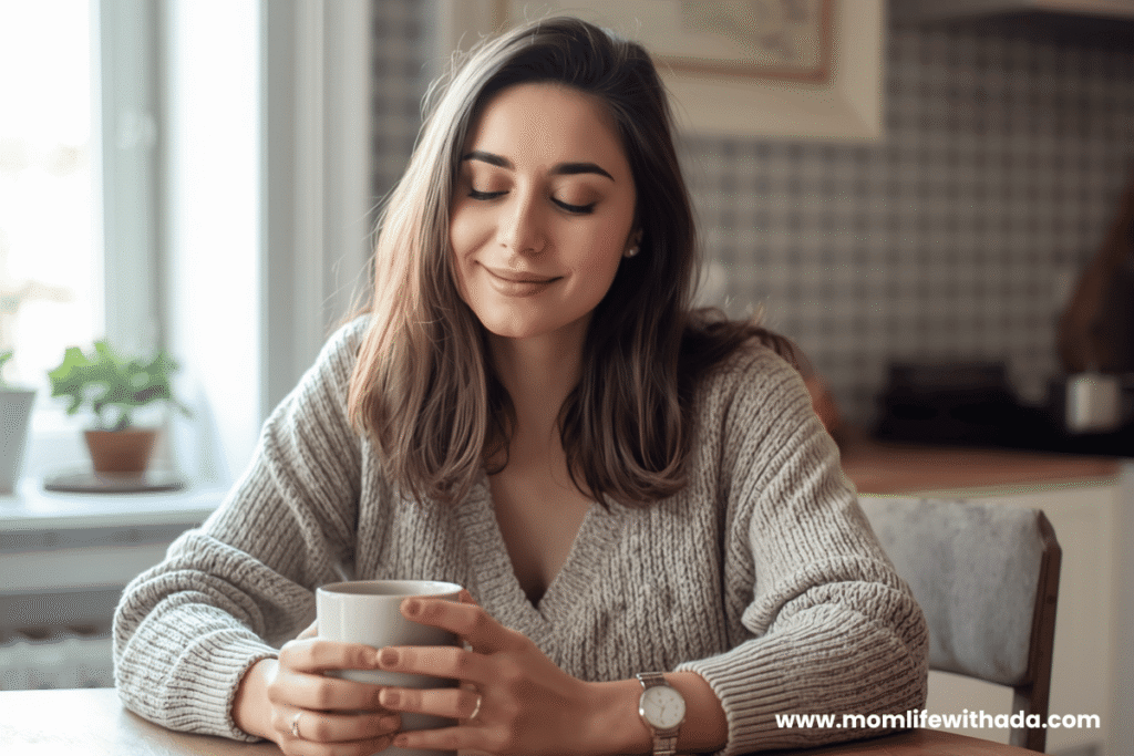 mom enjoying quiet morning routine aesthetic with coffee before kids wake up