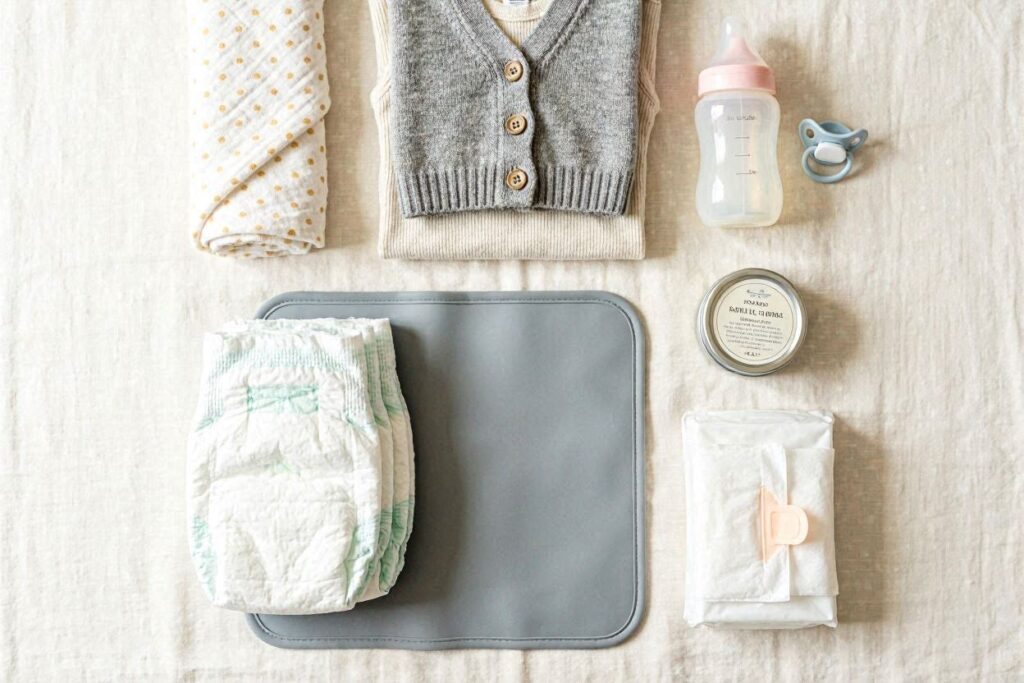 Baby essentials including diapers, wipes, and a small blanket as tote bag essentials for new moms