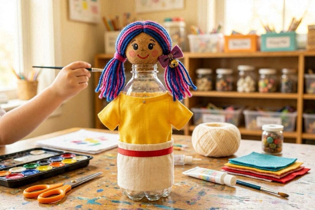 DIY bottle crafts for kids – homemade bottle doll with yarn hair and painted face