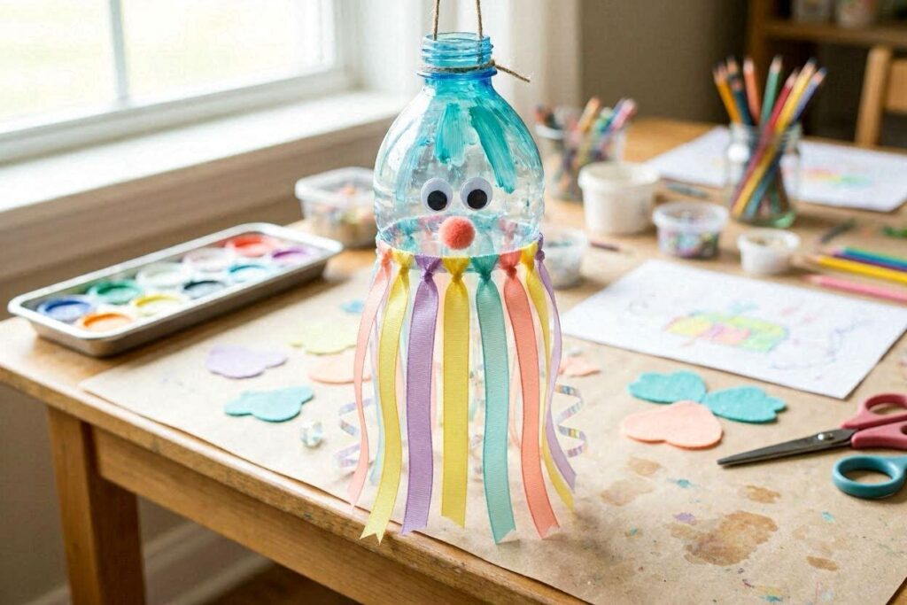 bottle art for kids – plastic bottle jellyfish with ribbon tentacles for kids craft"