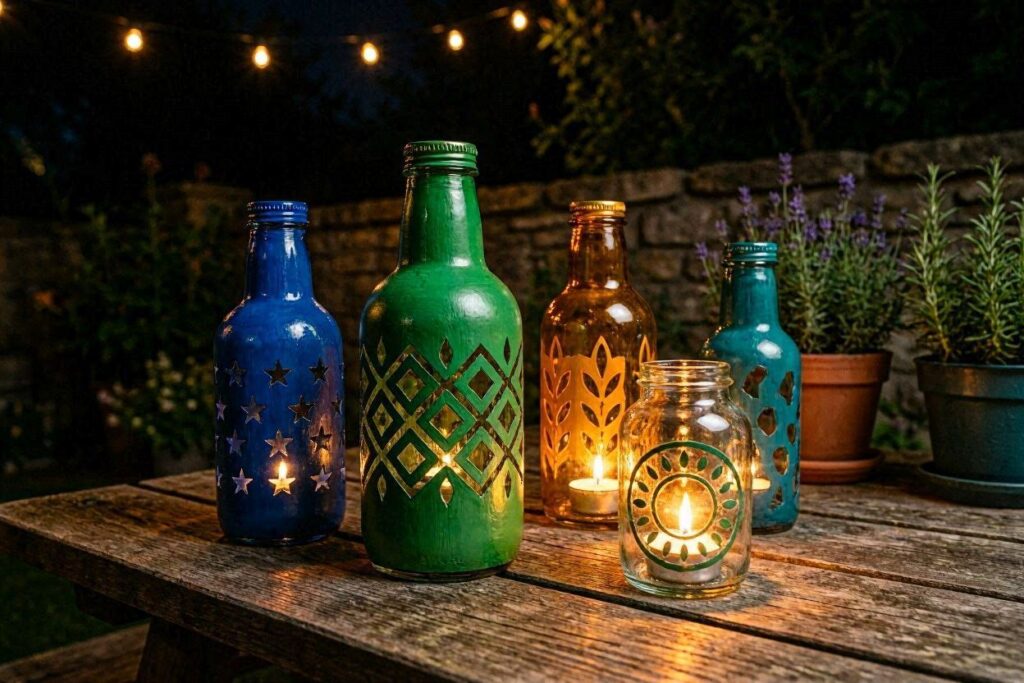 easy bottle art ideas – painted bottle lantern with cut-out patterns glowing at night