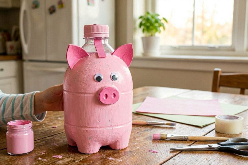 easy bottle art ideas for kids at home – piggy bank made from plastic bottle with pink paint
