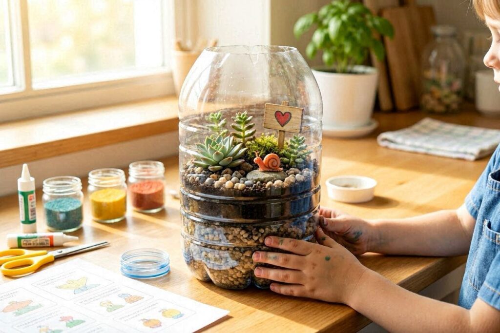easy bottle art ideas for kids at home – mini terrarium in a large plastic bottle