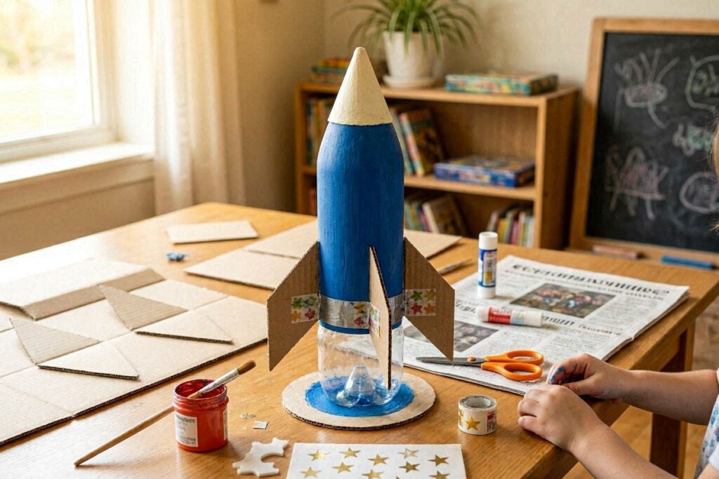 DIY bottle crafts for kids – rocket ship made from plastic bottle with cardboard fins