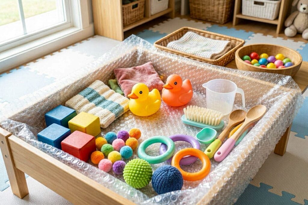 Bubble wrap sensory bin for 2 year olds with small colorful toys and textured materials