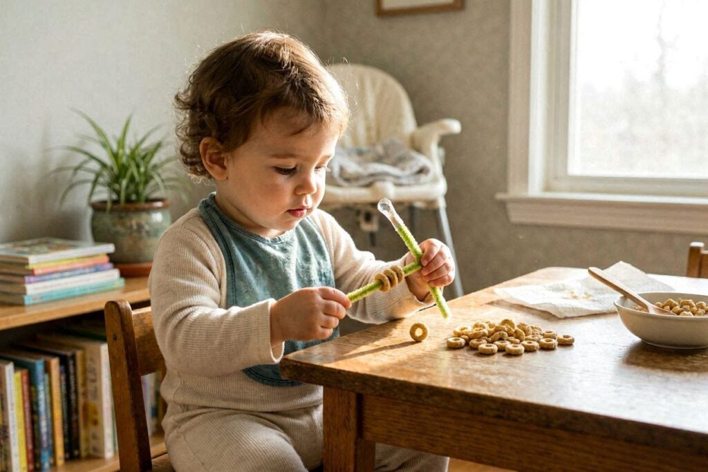 toddler cheerio threading fine motor activity