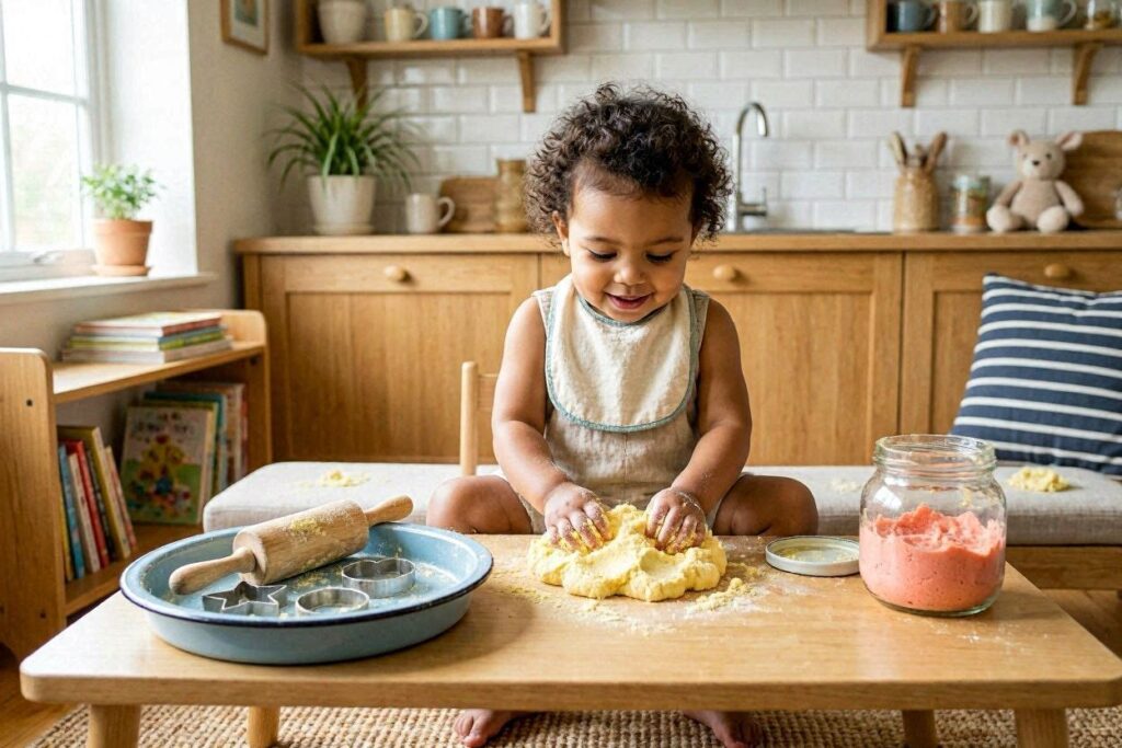 toddler playing with cloud dough sensory activity at home