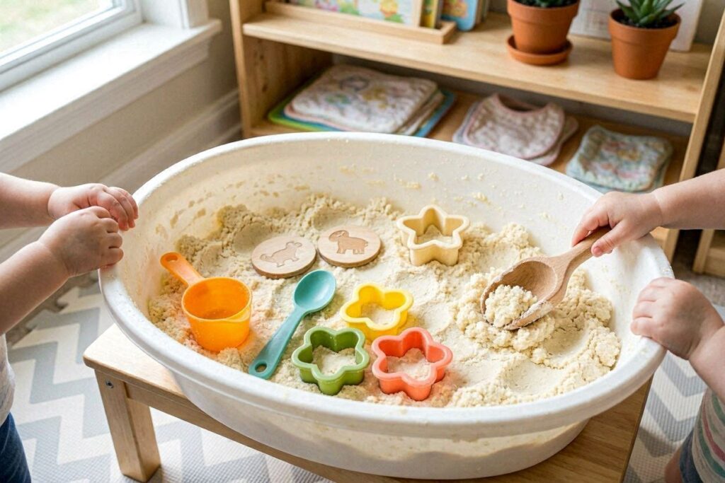 Homemade cloud dough sensory bin for 2 year olds in a white plastic tub