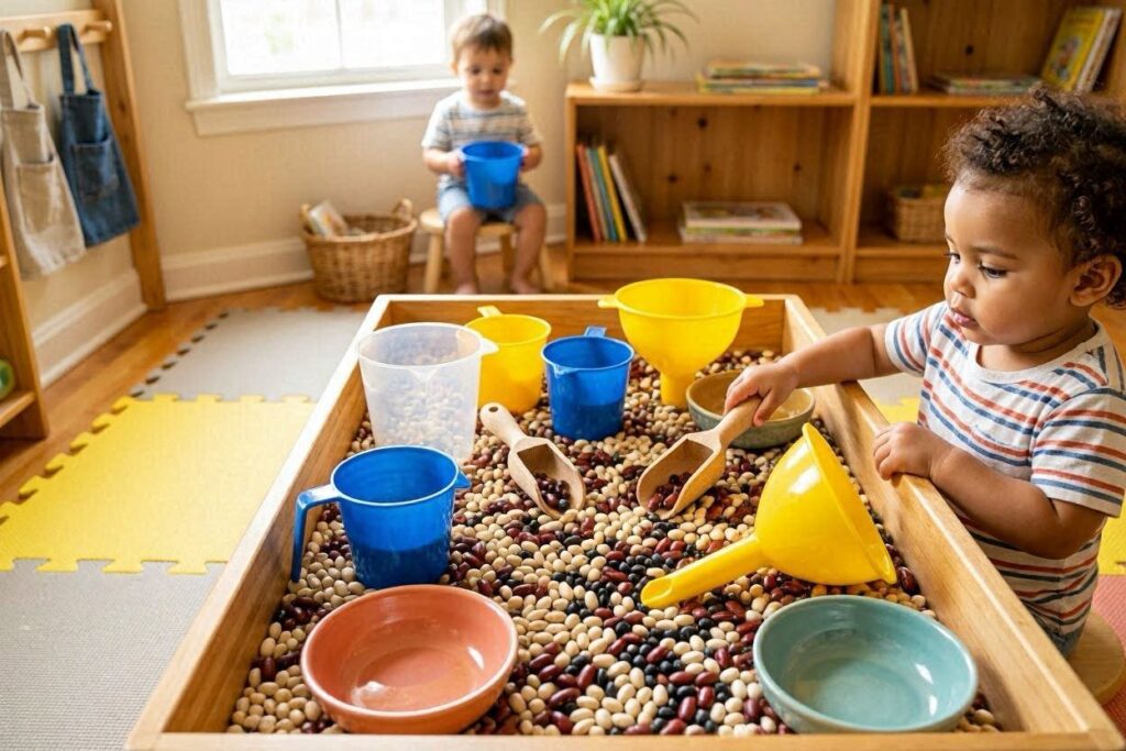 Dried bean sensory bin for 2 year olds with measuring cups and funnels