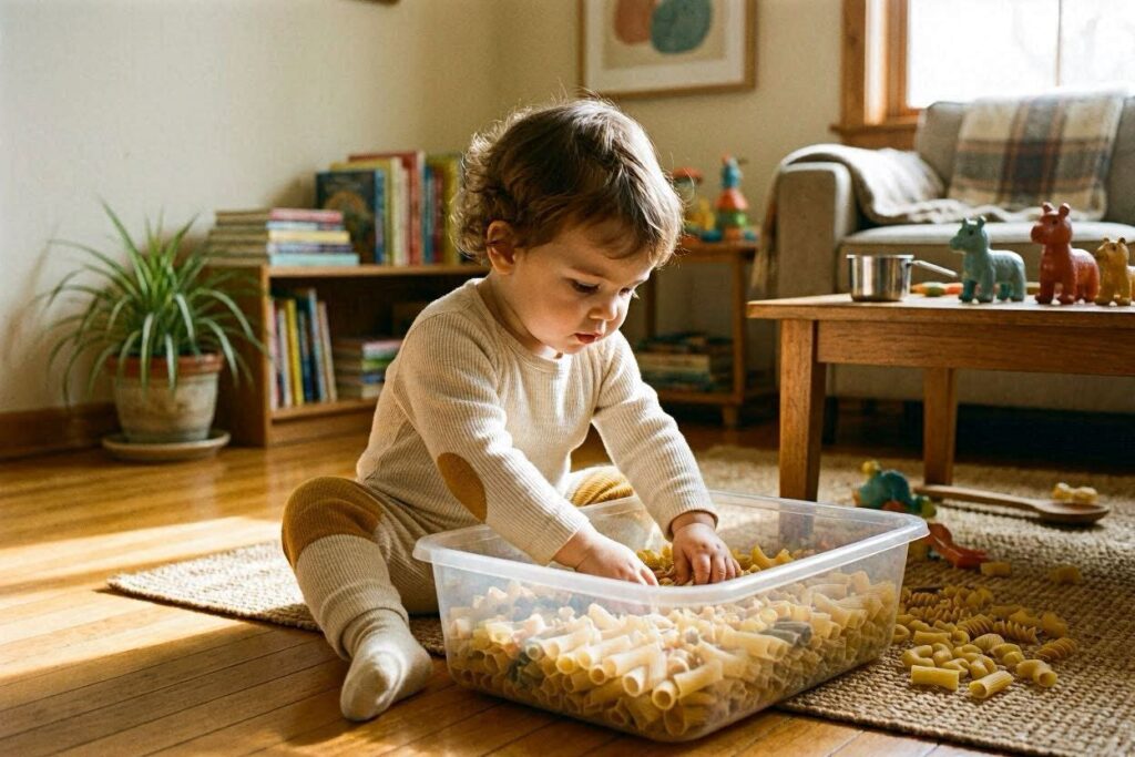 toddler playing in dried pasta sensory bin at home