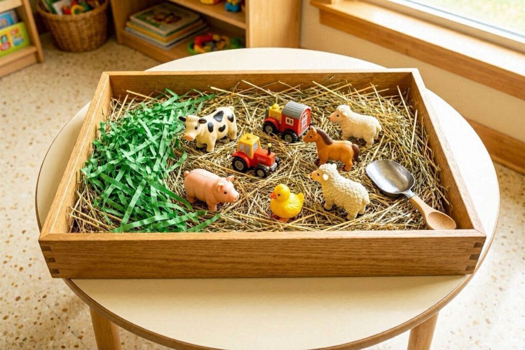 Farm animal sensory bin for 2 year olds with hay, plastic animals and green shredded paper