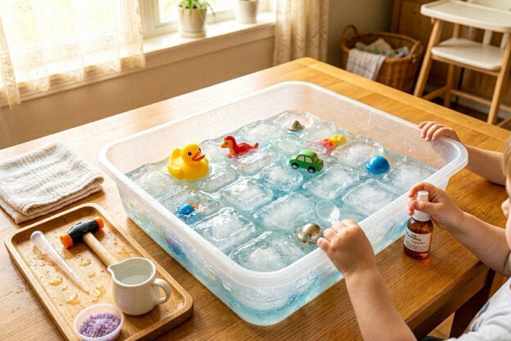 ice excavation sensory bin for toddlers at home