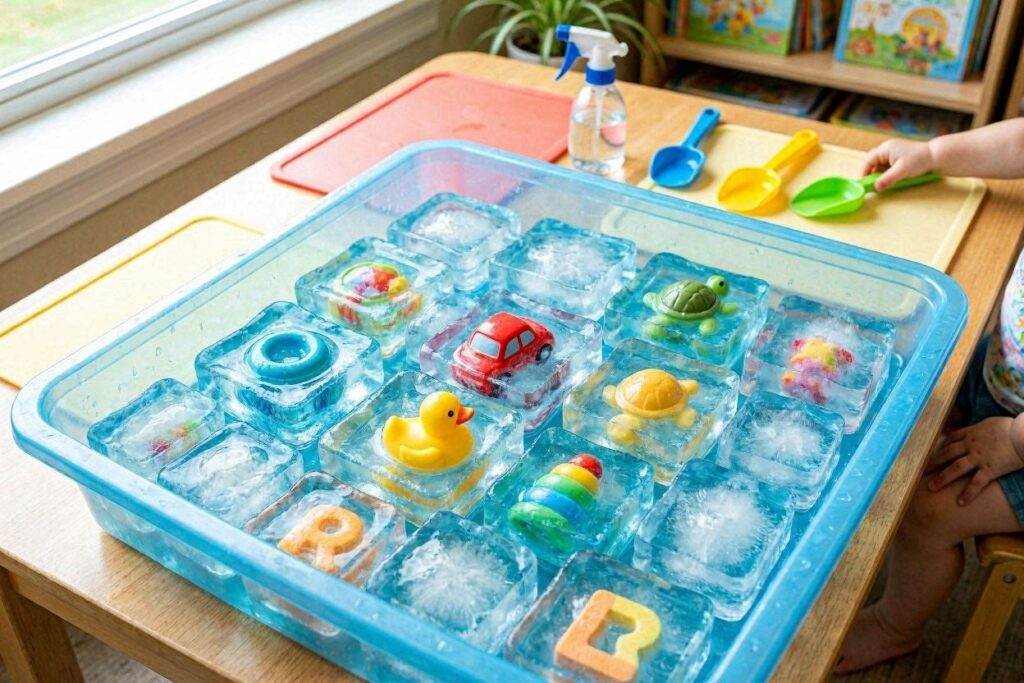 ice excavation sensory bin for 2 year olds with small toys frozen inside ice blocks