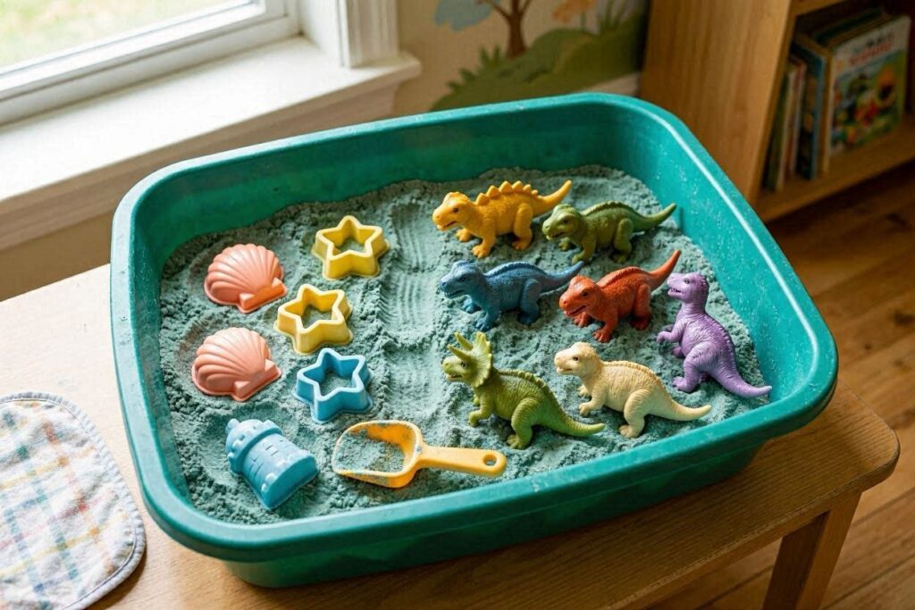 Kinetic sand sensory bin for 2 year olds with small molds and plastic dinosaurs