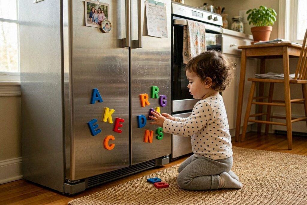 toddler playing with magnetic letters on fridge indoor toddler activity at home
