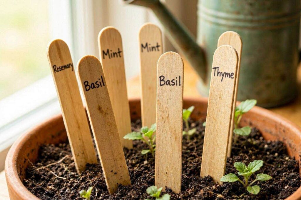 popsicle stick garden markers craft for kids in a plant pot outdoors"