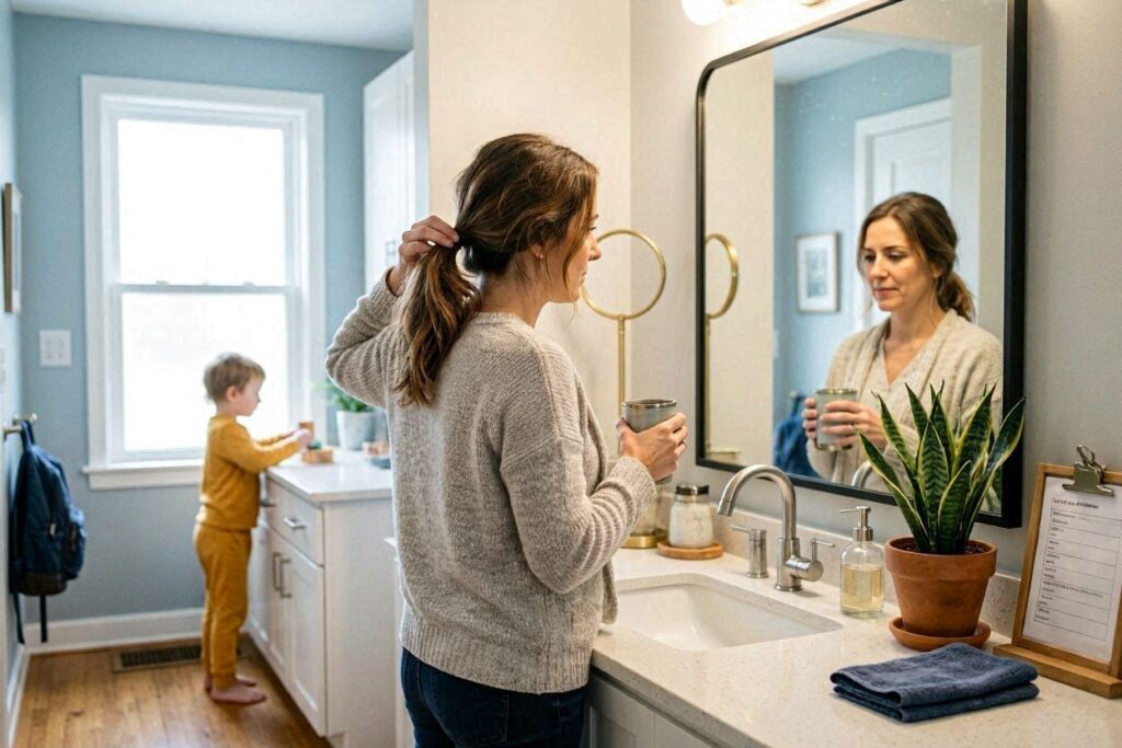 Busy mom doing easy hairstyle in front of mirror in the morning