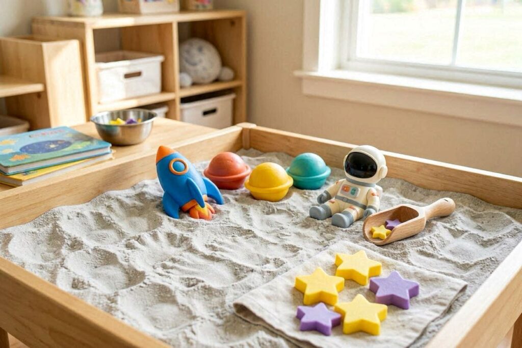 Moon sand sensory bin for 2 year olds with space-themed toys and star molds