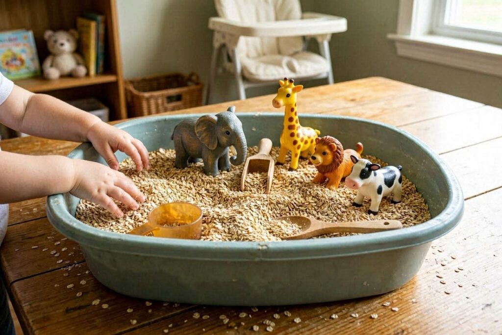 Easy toddler summer activities including sensory bin play at home