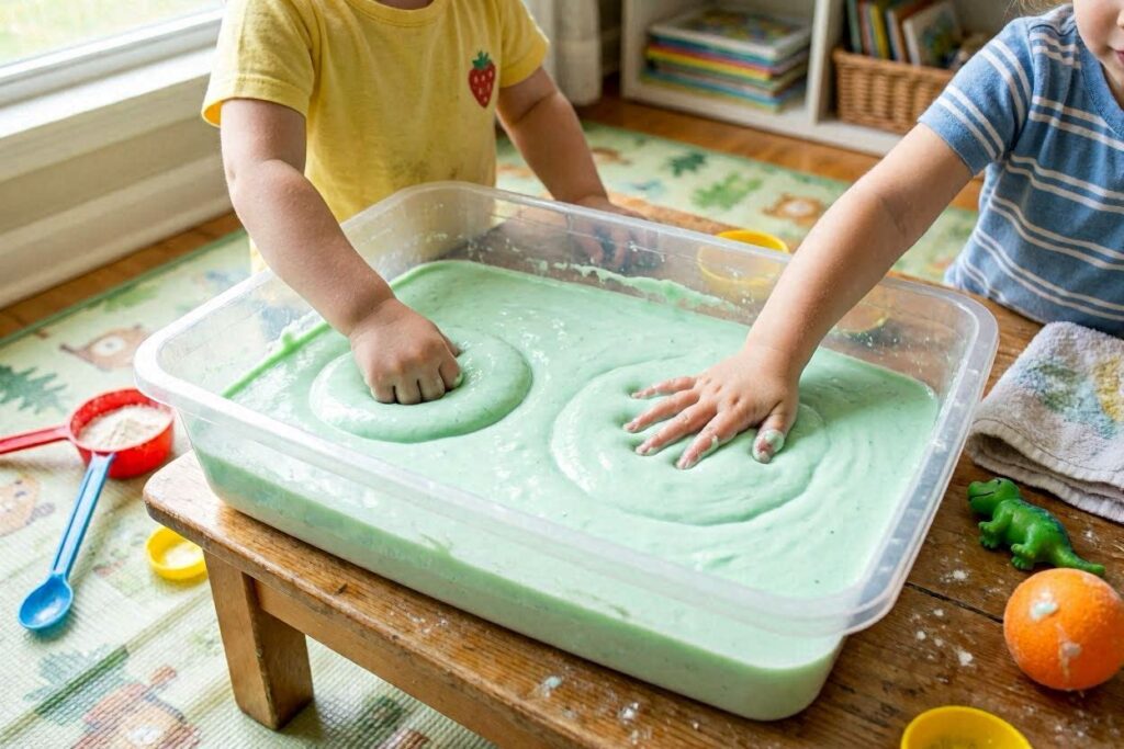 Oobleck sensory bin for 2 year olds showing the non-Newtonian liquid texture