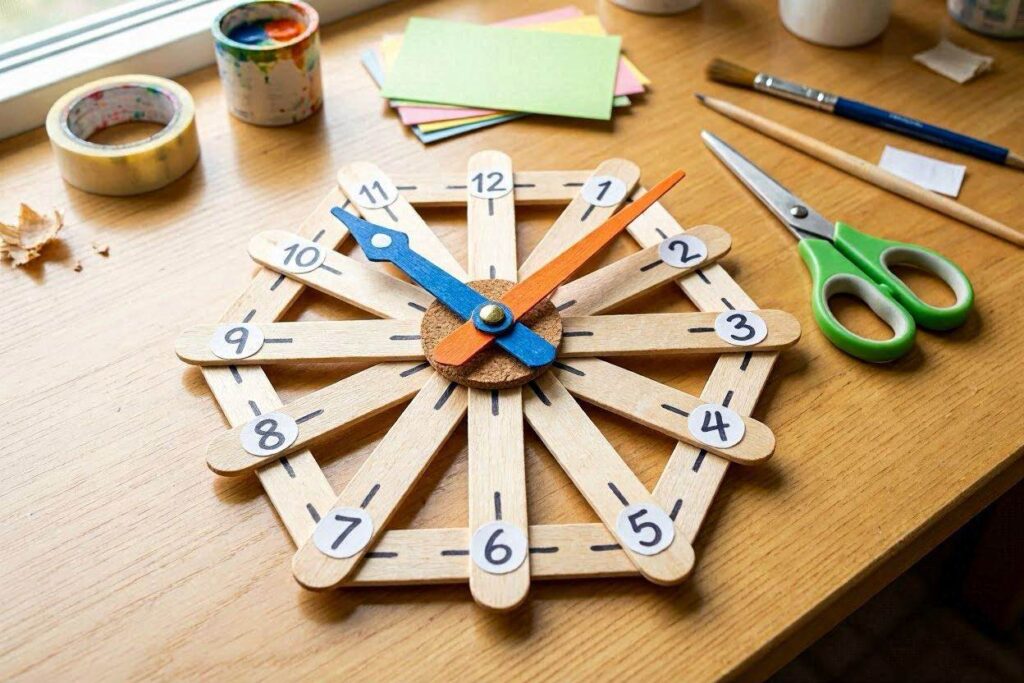 popsicle stick clock learning toy craft for kids with movable hands"