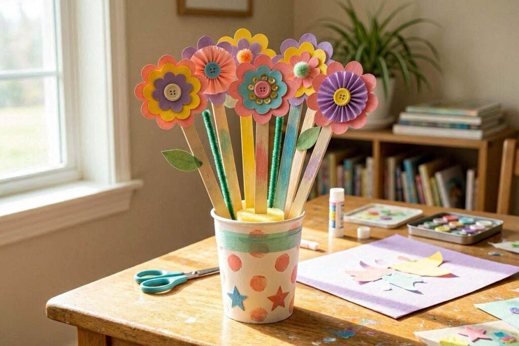 popsicle stick flower bouquet craft for kids in a decorated cup vase"